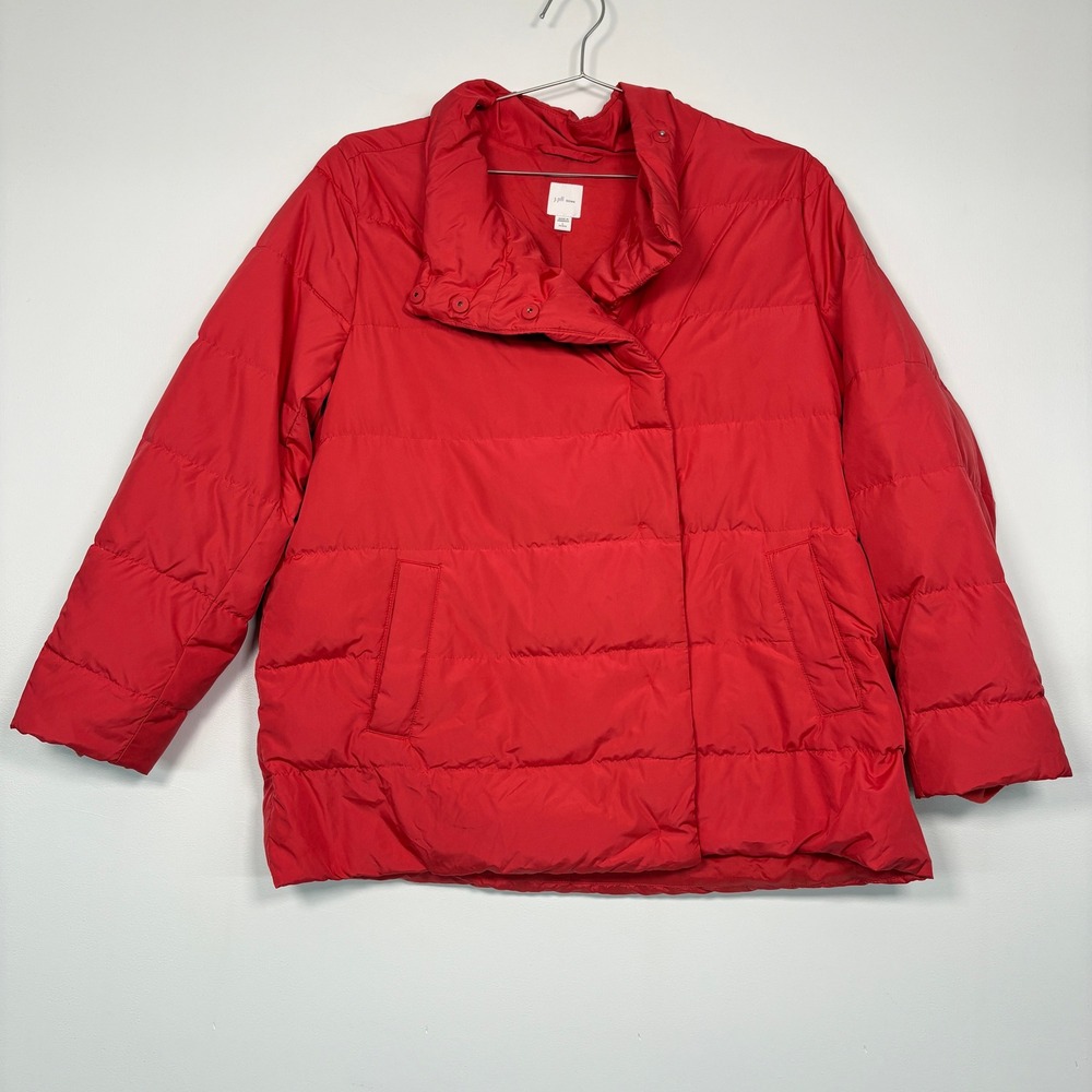 J.Jill Women Puffer Jacket L Petite Red Down Filled Quilted Snap Front WJT137342